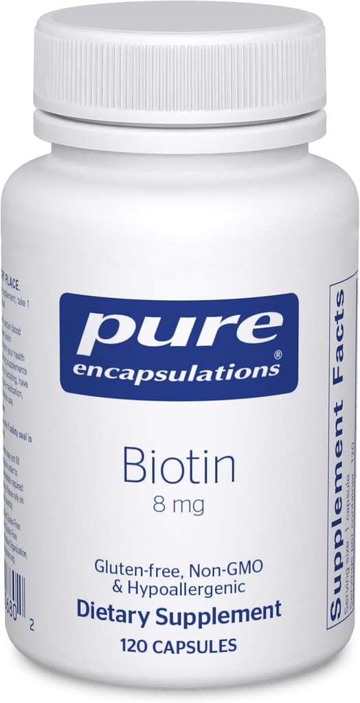Encapsulaciones puras Biotina 8 mg - B Suplemento de vitaminas para el alivio de estrés de la ayuda, el cabello, la piel " Fortalecimiento de la uñas, metabolismo, soporte de carbohidratos " Sistema nervioso* - con biotina Premium - 120 cápsulas