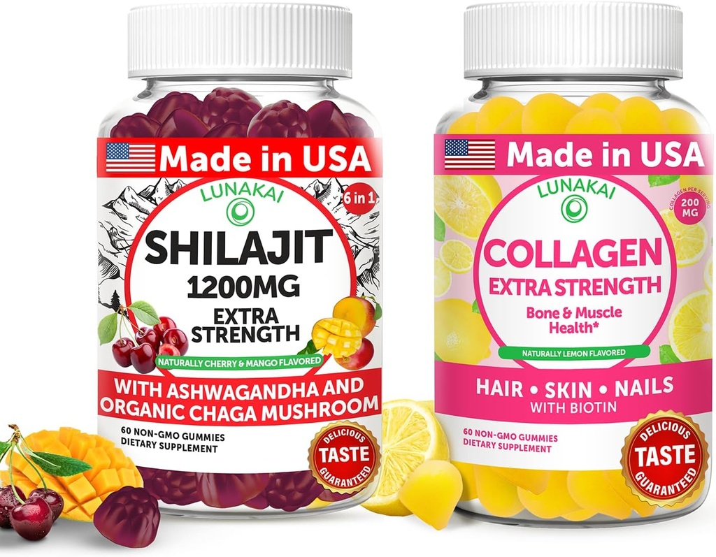 Lunakai Estados Unidos hizo Shilajit &amp; Collagen Extra Strength Gummies Bundle – Energía, pelo, piel y soporte de uñas – Delicious " Non-GMO