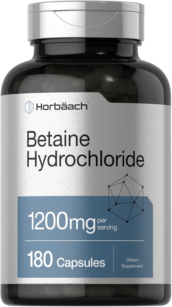 Horbäach Betaine HCl 1200mg Silencio 180 Capsules  Betaine Hydrochloride Suplemento Silencio Non-GMO, Gluten Free