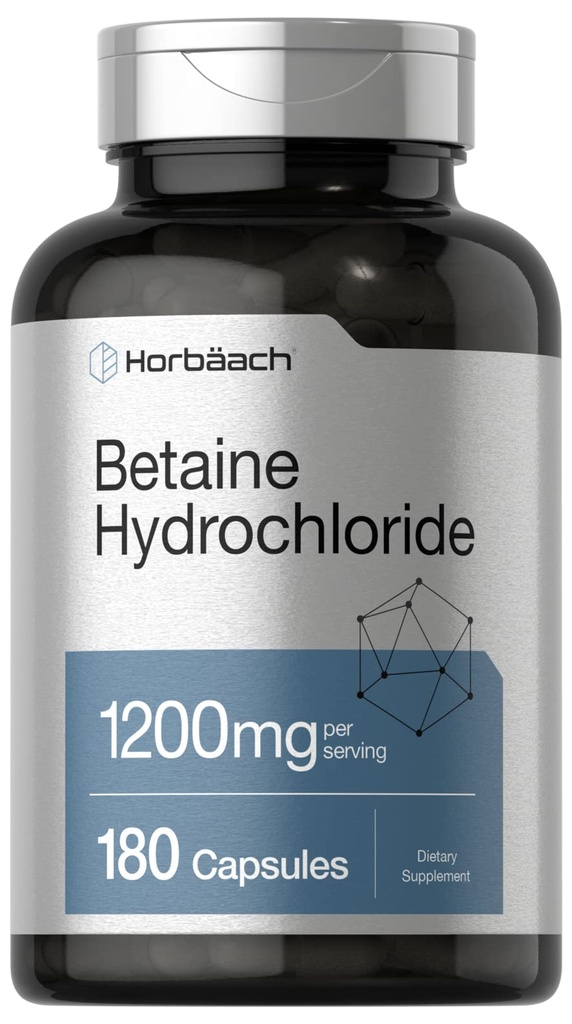 Horbäach Betaine HCl 1200mg Silencio 180 Capsules  Betaine Hydrochloride Suplemento Silencio Non-GMO, Gluten Free