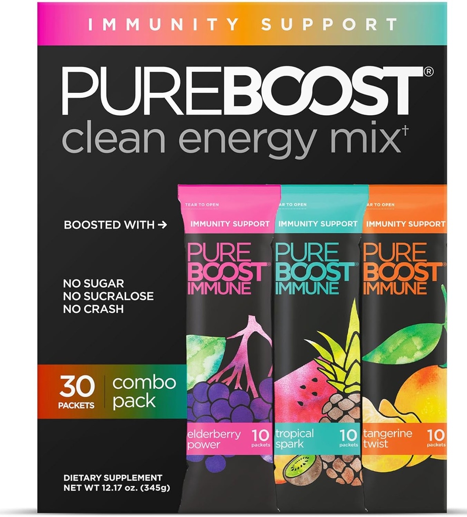 Pureboost Immune Clean Energy Booster, Refreshing Energy Drink Mix and Immunity Supplement with Elderberry, 1,200 mg Vitamina C, Vitaminas A + D y Zinc. Libre de azúcar (Combo Pack, 30 Cuenta)