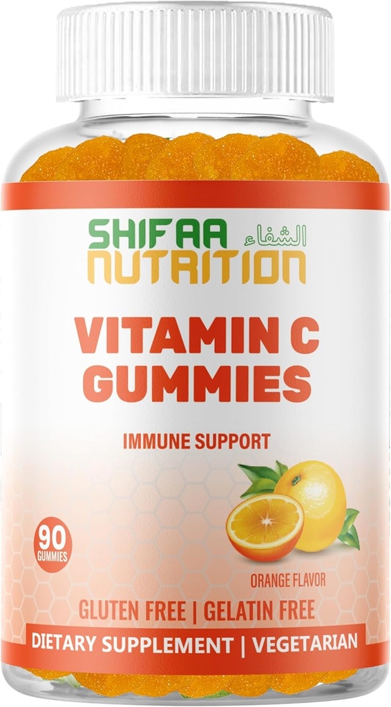 SHIFAA NUTRITION Vegan Vitamin C Gummies | 90 Gummies, 250mg 45 Servings | Non-GMO | Gluten-Free, Gelatin-Free | Immune Support Gummies & Seasonal Support for Kids & Adults Halal Vitamins