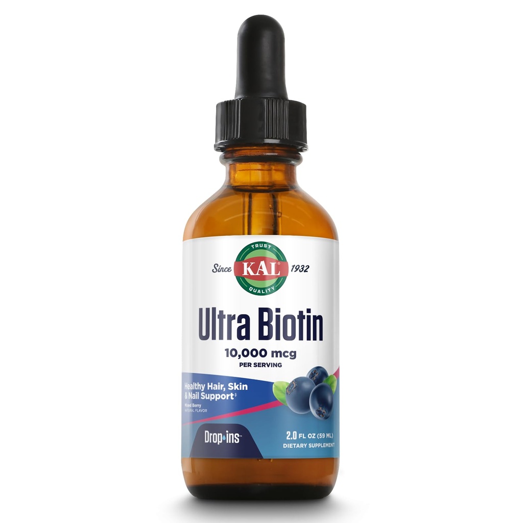 KAL Ultra Biotin 10,000mcg DropIns -Liquid Biotin Drops- High Potency Vitamin B7 - Hair, Skin, and Nails Vitamins, Cellular Energy Support - Natural Berry Flavor - 60-Day Guarantee - 59 Servings, 2oz