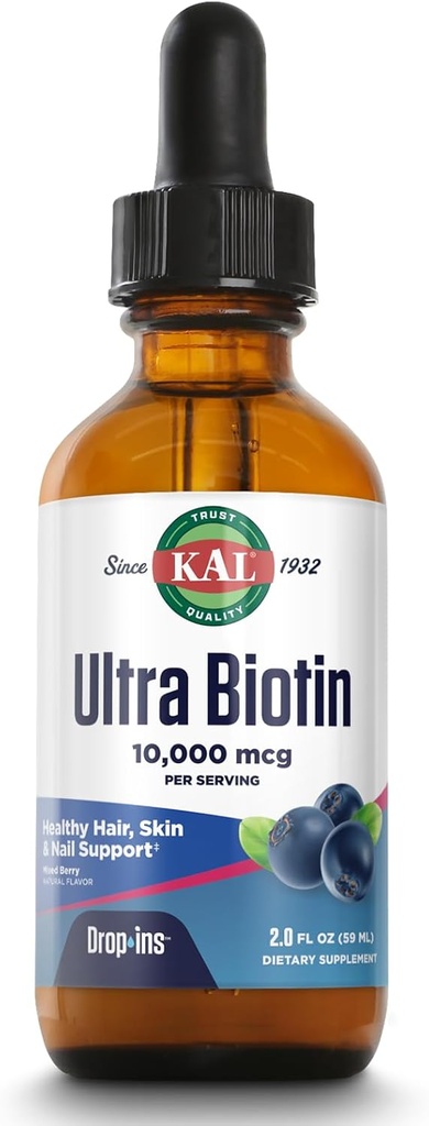KAL Ultra Biotin 10000mcg DropIns, gotas de biotina líquida, suplemento de crecimiento del cabello, alta potencia vitamina B7, cabello saludable, piel, uñas y apoyo energético, sabor de baya mezclada natural, aprox. 59 Serv, 2oz