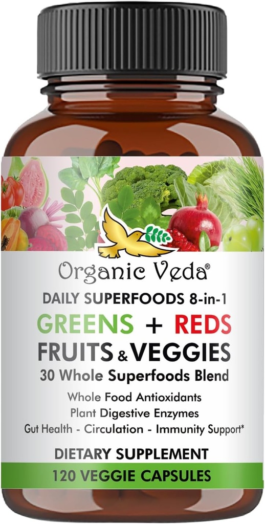Ecológico Veda Super Verdes Rojos Veggies Capsules - 8 en 1 Daily 30 Whole Organic Superfoods Fruits & Vegetables Suplemento - Papaya Enzymes, Spirulina, Clorella, Moringa, Beet, Turmeric - 120 Vegan