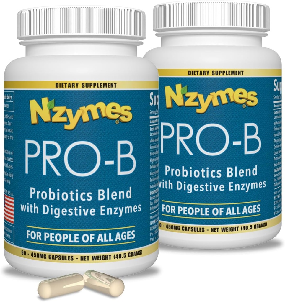 Probióticos Pro-B Nzymes® y enzimas digestivas para el equilibrio digestivo, mejor digestión, indigestión y estreñimiento (180 cápsulas totales) - Hecho en los EE.UU.