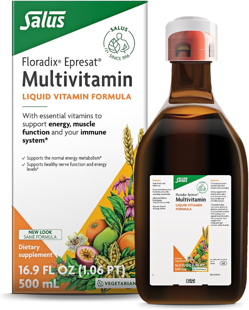 Floradix Epresat Adult Liquid Multivitamin - Suplemento Herbal - Suplemento diario con vitamina A, D, B6, Milk Thistle &amp; More - Apoya Energía &amp; Salud del hígado - Vegetariano, No GMO - 16.9 fl oz