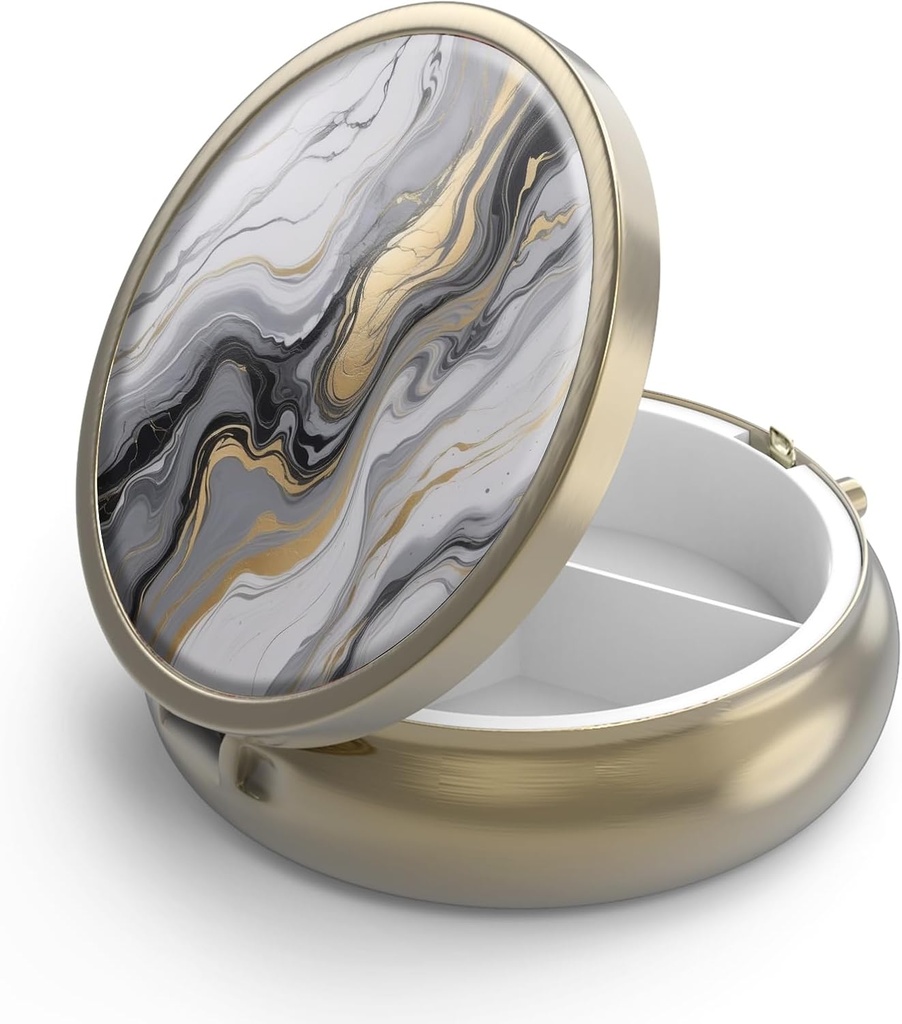 Pill Case Pill Box with Mirror Retro 3 Compartment Small Pill Case for Purse or Pocket Bronze Small Roud Pill Box or Vitamins, Fish Oil, Supplements, Pill Containe Travel Gifts(Black Gold Marble)