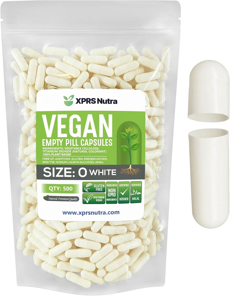 XPRS Nutra Size 0 Empty Capsules - 500 Count Empty Vegan Capsules - Vegetarian Pills - DIY Vegetable Capsule Filling - Veggie Pill Caps for Do-It-youself Supplements (White)