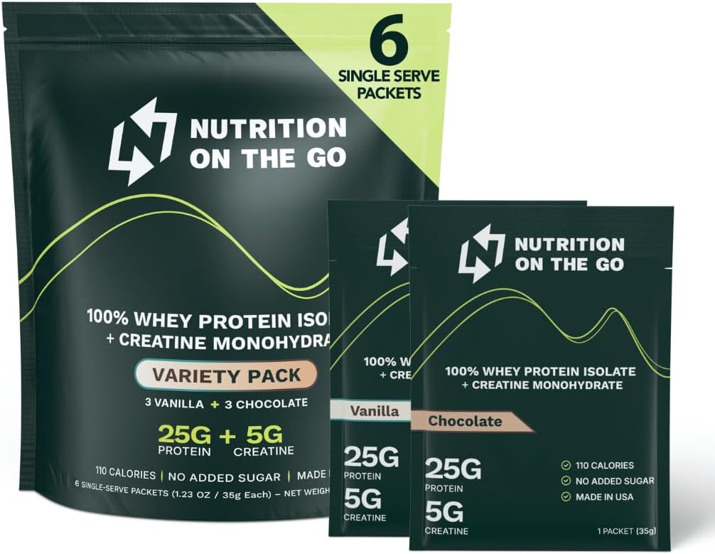 Nutrición en la proteína Go Whey Paquetes de aislamiento con crema – 25g Proteína + 5g Creatina – Polvo de proteína de un solo paso - Paquete de Variedad (Vanilla &amp; Chocolate) (6-Pack)