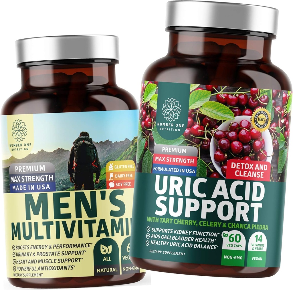 Number One Nutrition N1N Premium Uric Acid Support and Men's Multivitamins, All Natural Supplements to Support Energy Levels, Prostate Health and Urinary Tract Functions, 2 Pack Bundle