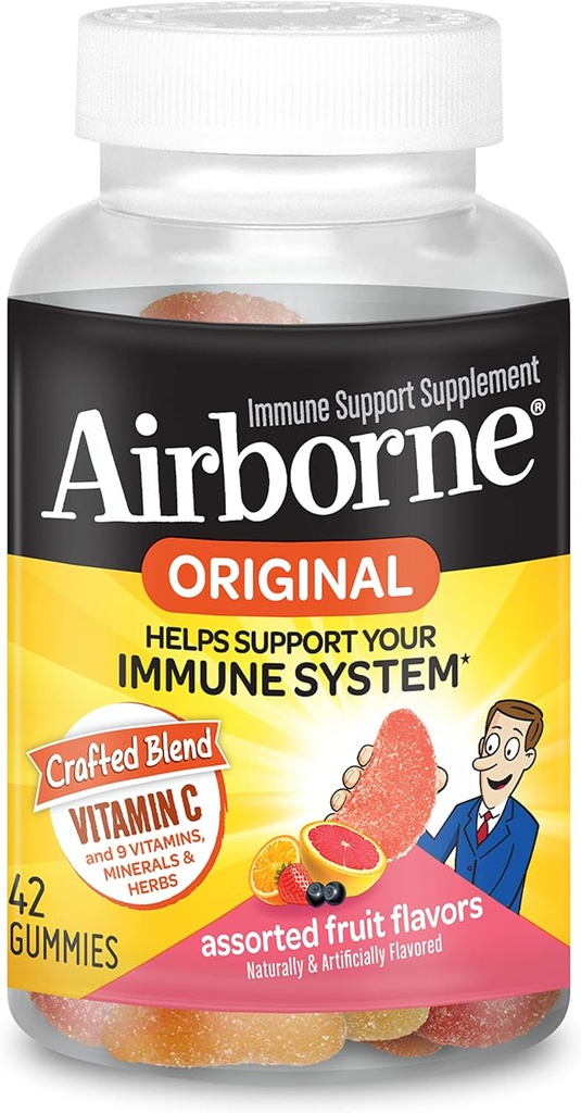 Airborne Vitamin C 750mg (por servir) surtidos de frutas saboreados Gummies (42 Cuenta en una botella), Gluten-Free Immune Support Suplemento con vitaminas A C E, Selenium, Echinacea &amp; Ginger