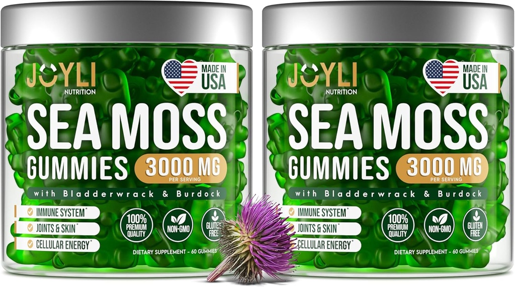 JOYLI Nutrition 2 Pack - Sea Moss Gummies for Adults &amp; Kids – Vegan Irish Sea Moss Supplement with Bladderwrack & Burdock Root – Sugar-Free Immune Support Supplements - 60 Gummy Bears per Pack