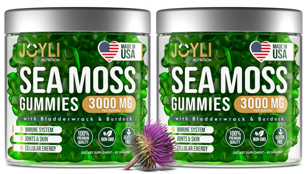 JOYLI Nutrition 2 Pack - Sea Moss Gummies for Adults &amp; Kids – Vegan Irish Sea Moss Supplement with Bladderwrack & Burdock Root – Sugar-Free Immune Support Supplements - 60 Gummy Bears per Pack