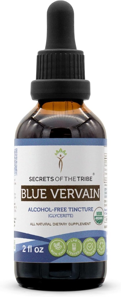 Secretos de la Tribu Azul Vervain USDA Orgánica TENIDO Extracto libre de alcohol, gotas herbales de alta potencia ← Hecho de 100% Certificado Azul Orgánico Vervain (Verbena Hastata) Herb seco (2 oz)