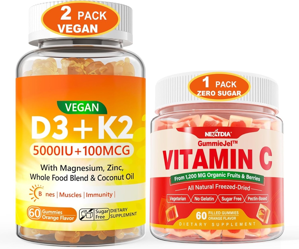 2 Pack Vegan Vitamina D3 5000IU K2 Gummies+ 1 Pack Whole Food Vitamin C Gummies