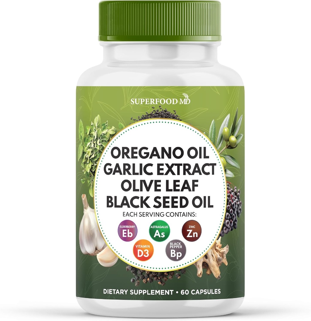 Superfood MD orégano aceite de ajo extracto de la hoja de aceite de semillas negras Astragalus- para mujeres y hombres- 60 cuenta