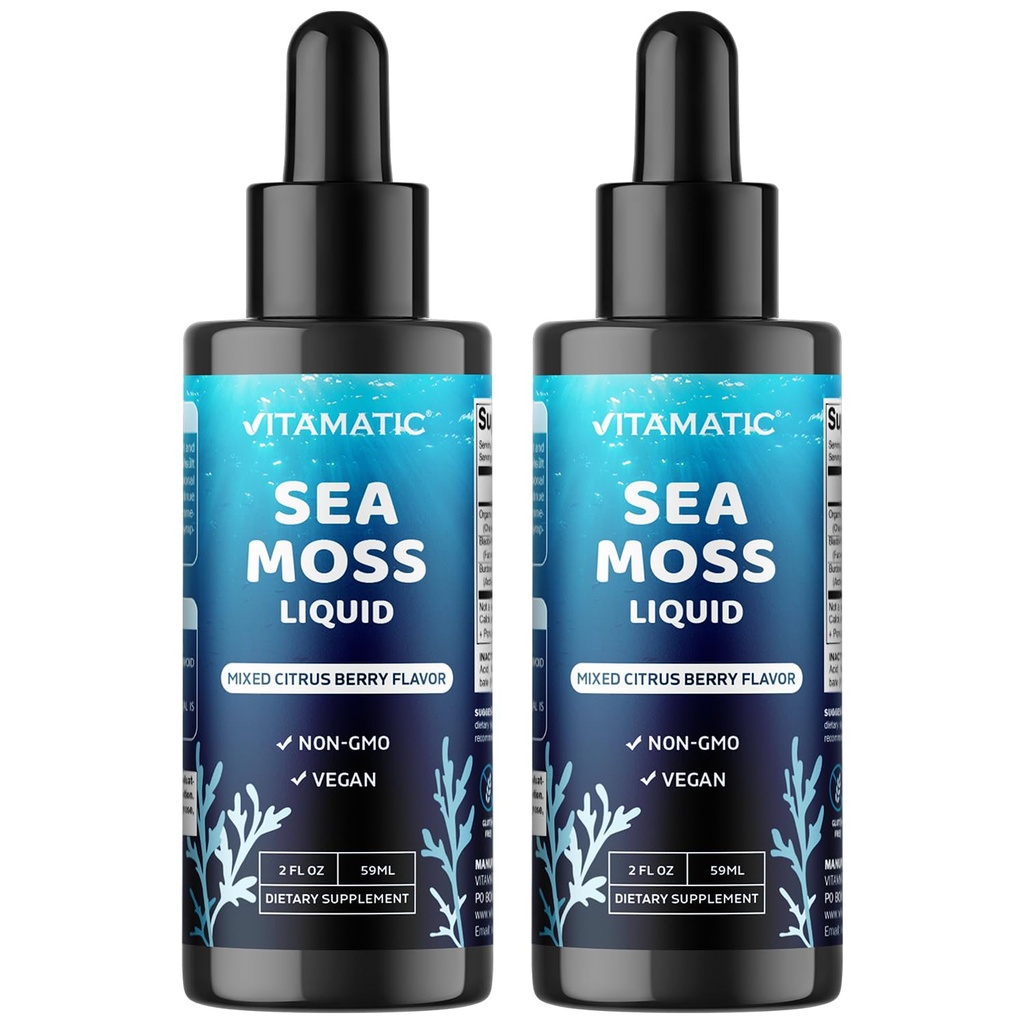 Vitamatic 2 Packs Liquid Organic Irish Sea Moss - Made with Bladderwrack & Burdock Root - 2800 mg por Serving - 2 FL OZ - Seamoss Total 4 oz
