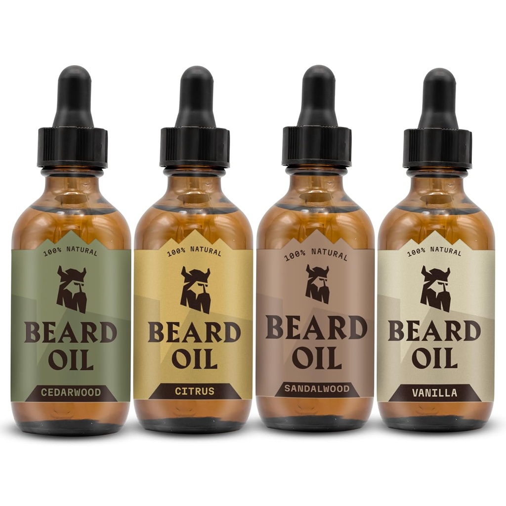 Aceite de barba vikinga para hombres - 0.66 Fl Oz Pack de 4, Vanilla, Sandalwood, Cedarwood & Citrus - Promueve un crecimiento más completo con aceite de crecimiento de barba - Cedarwood Vanilla Scents for Men
