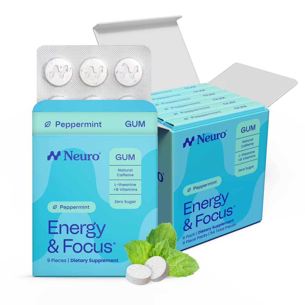 Neuro Energy & Focus Gum - 40mg Natural Caffeine Gum & Nootropic Energy Supplement with L-Theanine & B Vitamins - Sugar Free, Vegan - Peppermint, 54ct