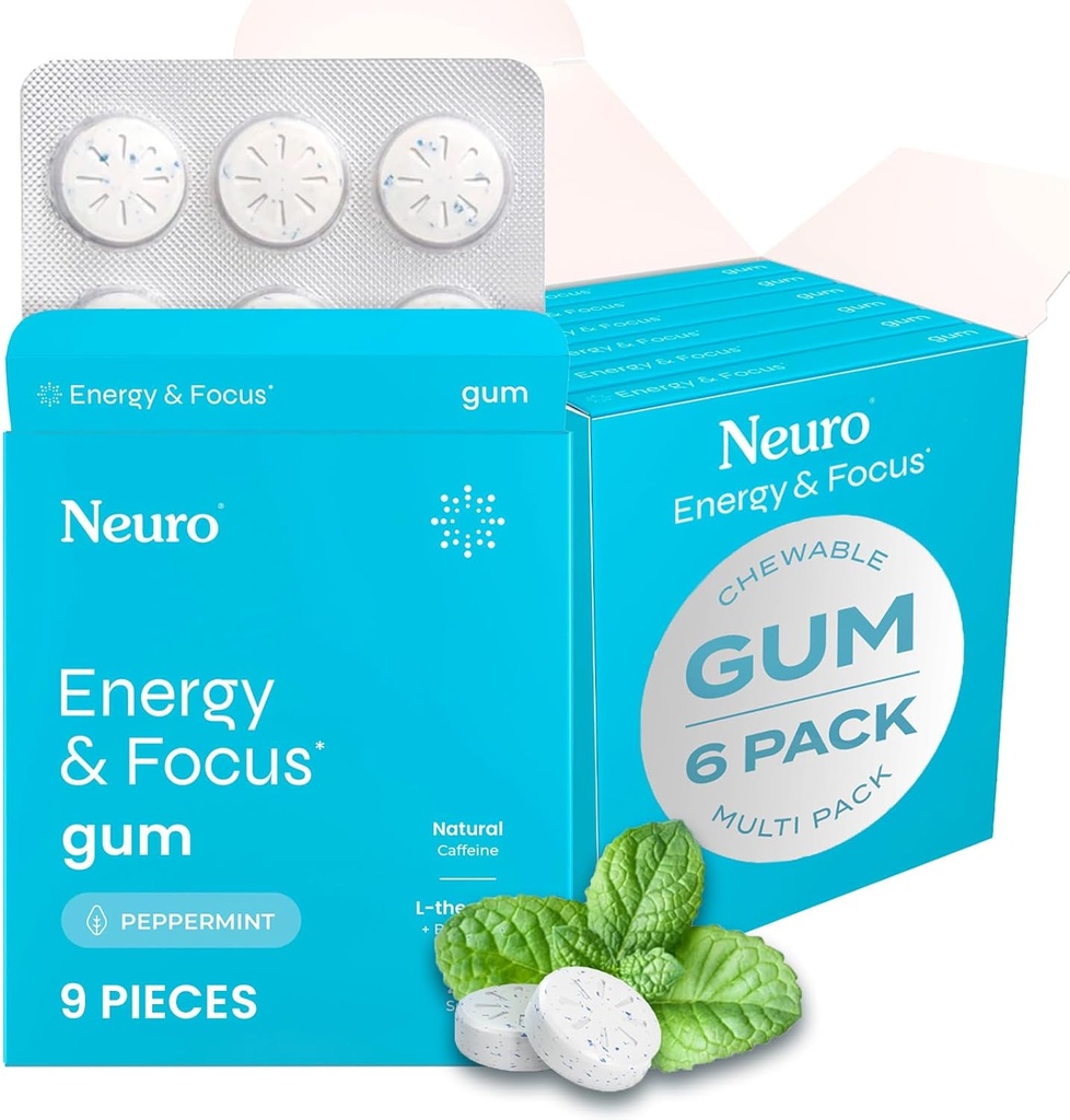 NeuroGum Energy & Focus Gum (54 Count-6 Pack, Peppermint) ← 40mg Natural Caffeine + L-Theanine + Vitamin B12 &amp; B6 + Xylitol ← Sugar Free Nootropic Cognitive Brain Performance Suplemento