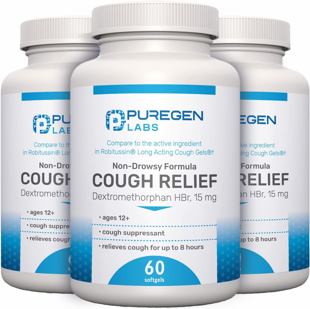 P Puregen Labs Cough Relief for Adults Dextromethorphan HBr 15mg  8-Hour, Non-Drowsy, Larga duración Bronchial Suppressant ← Edades 12+ Silencio Comparar con Robafen y Robitussin - 3 Pack Silencio Total 180 Softgels