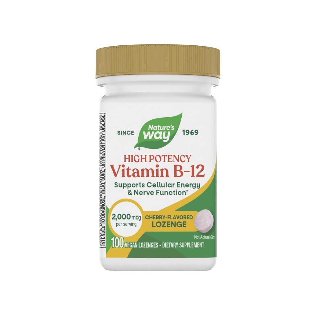 Nature’s Way Vitamin B-12 Lozenges, 2,000 mcg Vitamin B12 per Lozenge, Supports Cellular Energy & Nerve Function*, No Gluten, Vegan, Cherry Flavored, 100 Count (Packaging May Vary)