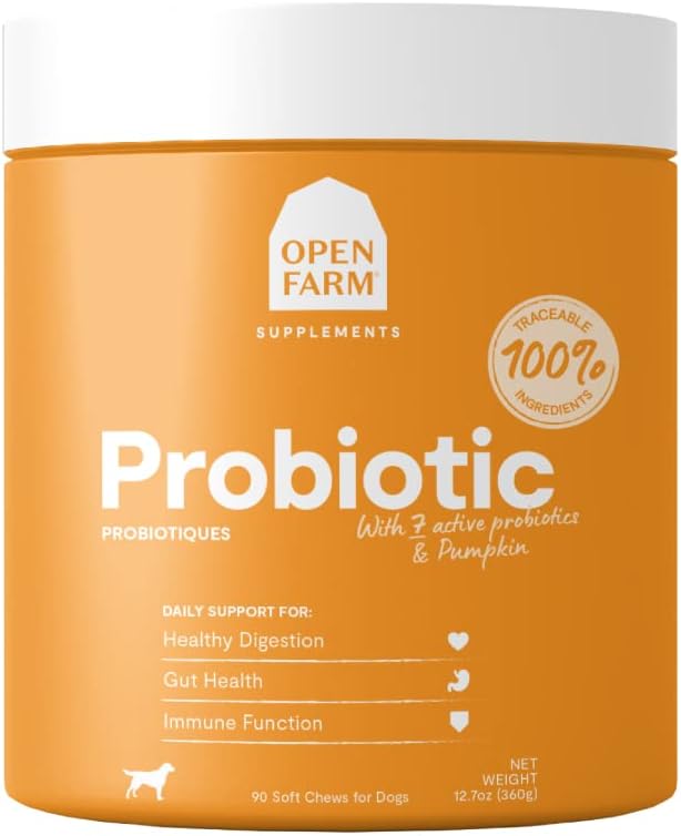 Open Farm Probiotic Chews, Dog Supplement, Dog Vitamins, Supports Normal Flora and Bowel Movement Usando Ingredientes Traceables y Aprobados Vet, 12.7 oz, 90 Conde