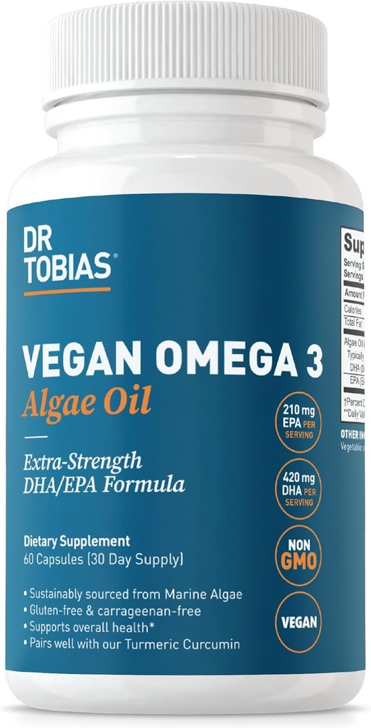 Dr. Tobias Vegan Omega 3 Supplement, 1400mg Algae Oil, 420mg DHA, and 210mg EPA per Serving, Non-GMO, Gluten-Free, Carrageenan-Free, 60 Capsules, 30 Servings
