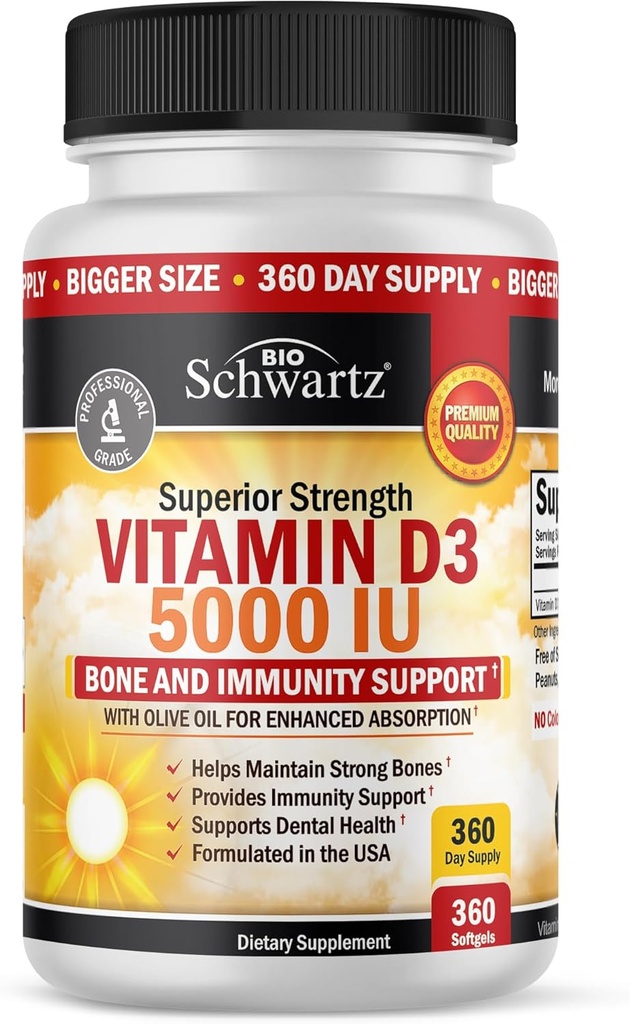 Vitamina D3 5000 UI (125 mcg) Suplemento de soporte natural de inmuno, fuerza ósea, función muscular saludable, con aceite de oliva para la absorción más alta, libre de gluten " no OMG, 1 año de suministro, 360 Softgels