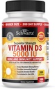 Vitamina D3 5000 UI (125 mcg) Suplemento de soporte natural de inmuno, fuerza ósea, función muscular saludable, con aceite de oliva para la absorción más alta, libre de gluten " no OMG, 1 año de suministro, 360 Softgels