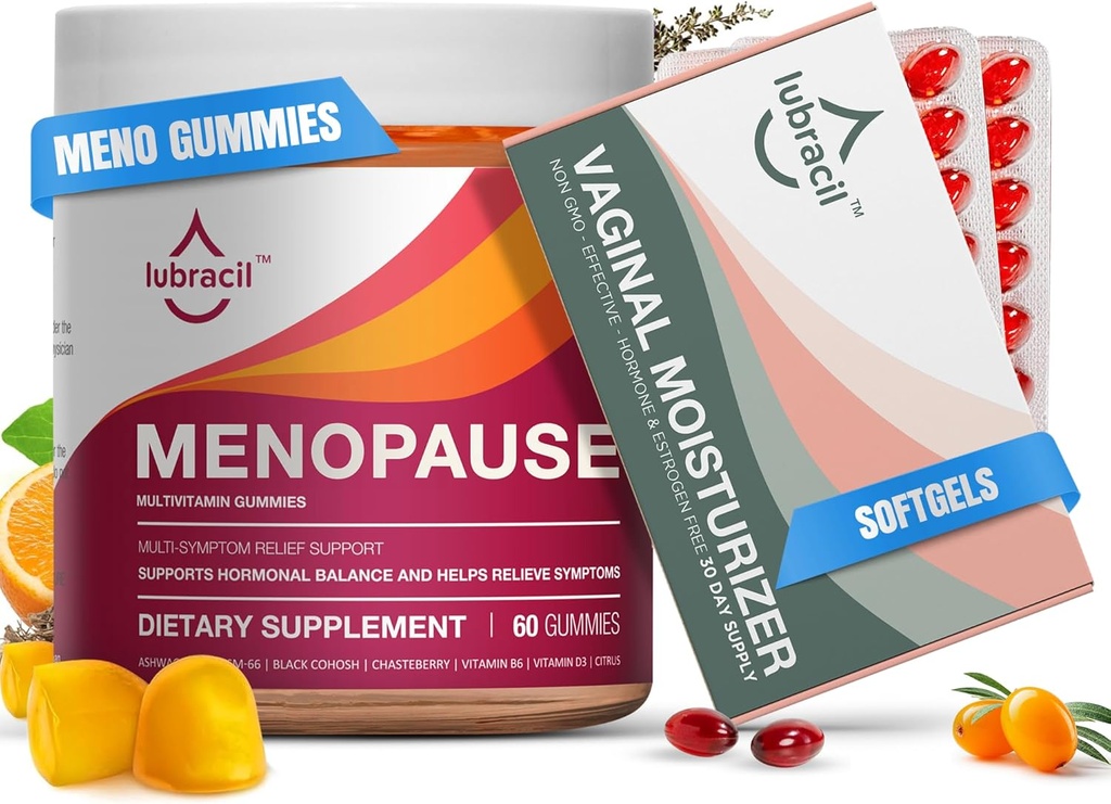 Lubracil Menopause Gummies & Daily Moisturizer Bundle – Soporte sin hormonas para Flashes calientes, sudaderas nocturnas, sequedad vaginal, y Itchiness con Cohosh Negro, Ashwagandha, omega aceites &amp; Sea Buckthorn