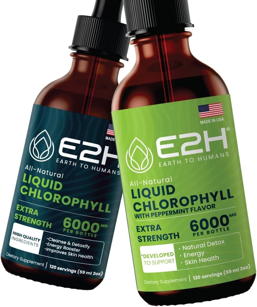 E2H: Clorofila líquida Flavor natural y Peppermint Flavor viv Vegan, Non-GMO - 2 Fl Oz Cada (4 Fl Oz Total) - Bundle