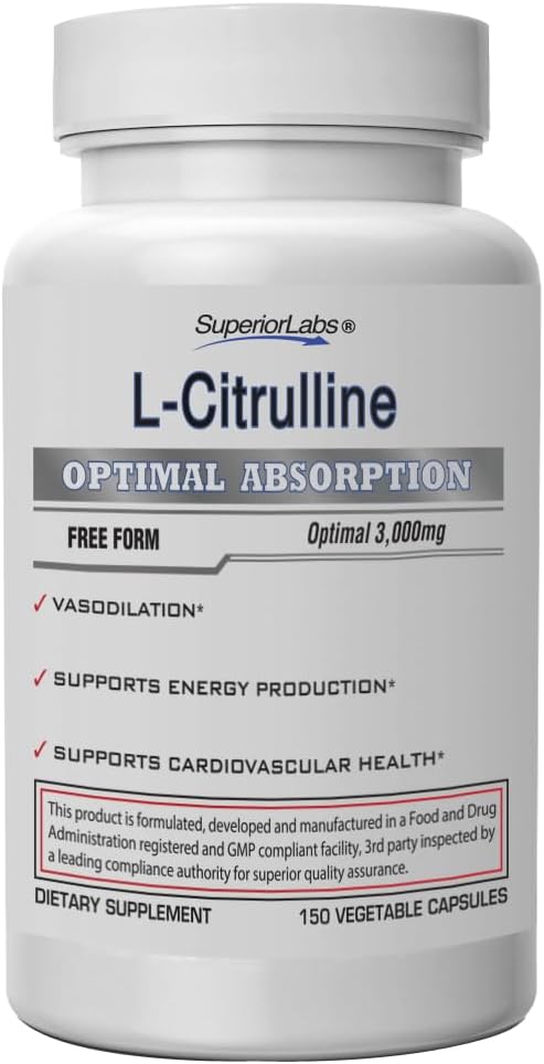 Laboratorios superiores L-Citrulline 3000 mg, No GMO, Aminoácidos de alta potencia, Oxido nítrico "  Vasodilation Booster, Bomba muscular pre-operatoria, resistencia, soporte cardiovascular, 150 capuchas de Veg