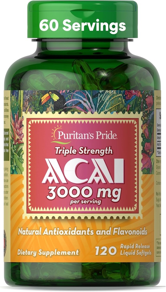 Puritan's Pride Triple Strength Acai 150 MG (3000 mg Equivalente) con Propiedades Antioxidantes y Flavonoides, 2 Month Supply, 120 Rapid Release Liquid Softgels