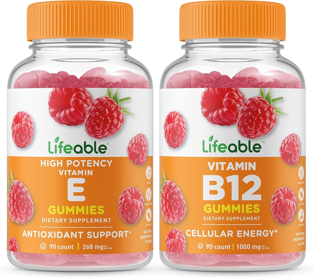 Vitamina E + Vitamina B12, Gummies Bundle - Gran Tasting, Suplemento de vitaminas, Gluten Gratis, GMO Gratis, Chewable Gummy