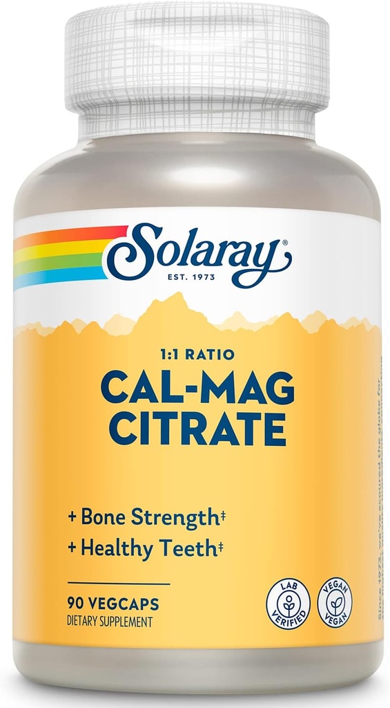 Solaray Calcium Magnesium Citrate 1000mg 1:1 Ratio, Bone Strength Suplemento, Muscle, Nervous System y Bone Health Support, Chelated for High Absorption, Gentle Digestion, 15 Servings, 90 VegCaps