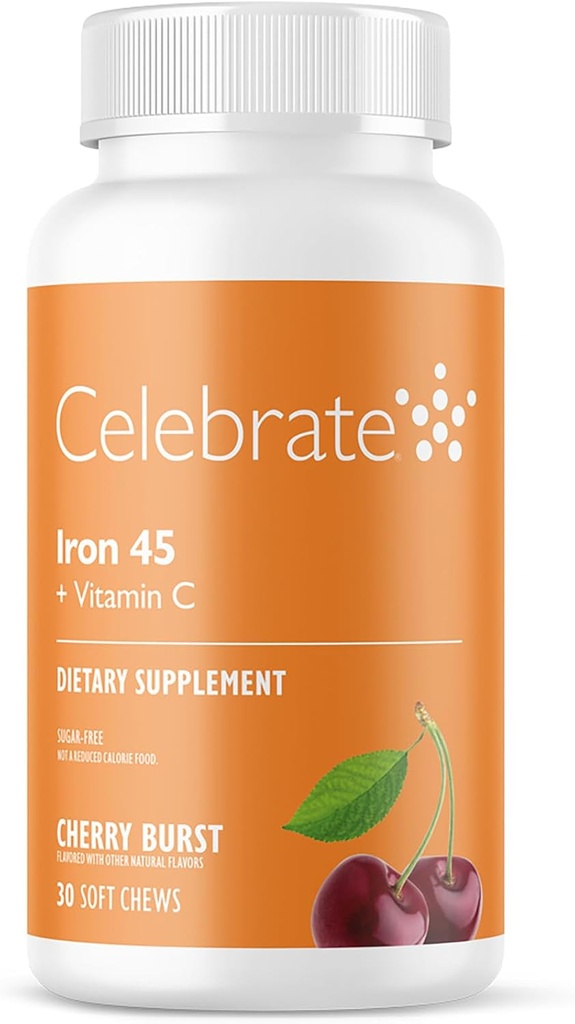 Celebrar Vitaminas Suplemento de Hierro con Vitamina C - 45 mg de Hierro, vitamina C de 60 mg, vitaminas bártricas para pacientes de WLS, hendidura vertical y cirugía de derivación gástrica - Cereza, 30 cerezas suaves