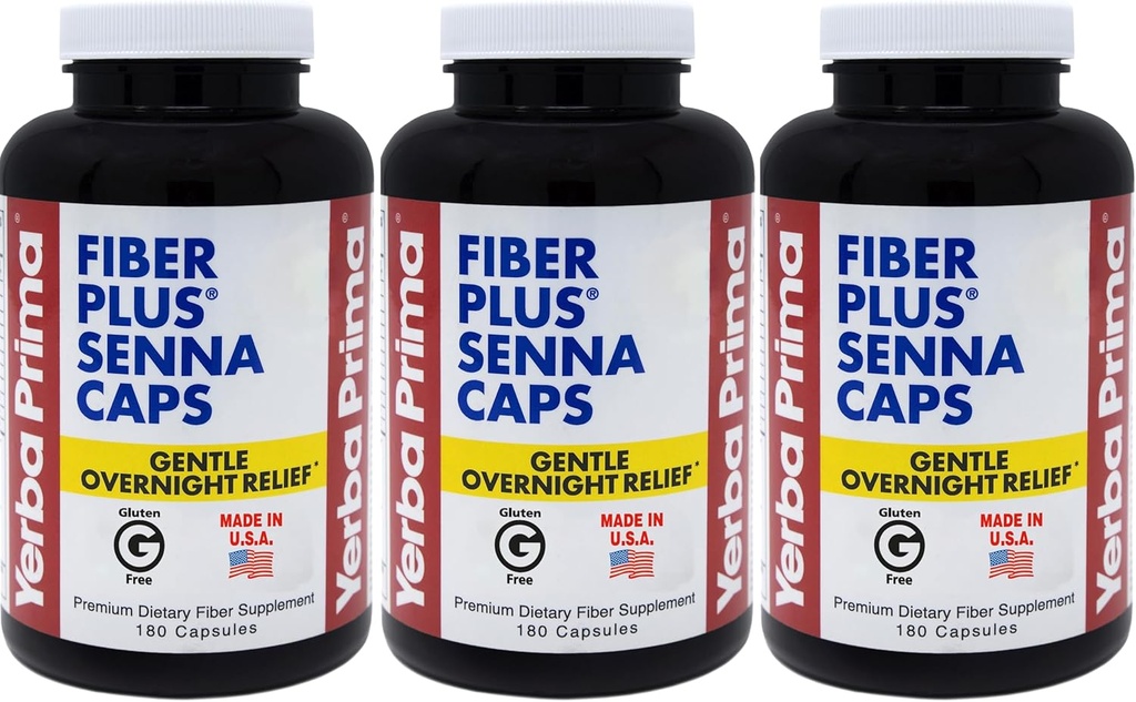 Yerba Prima Fiber Plus Senna Capsules, 180 Conde (Pack of 3) - 118 Servings of Gentle Overnight Relief, USA Made, Non-GMO, for Short-Term Use to Restore Regularity