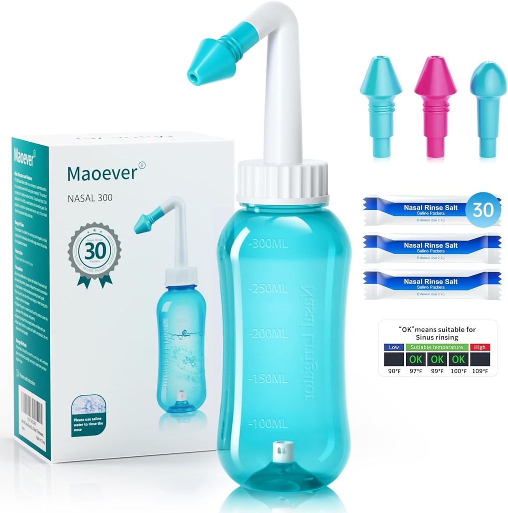 Neti Pot Sinus Rinse Bottle Limpiador de la nariz Rinse Rinse Nasal Irrigación para adultos &amp; Kid BPA Gratis 300 ML con 30 Nasal Wash Sal Packets y Sticker Thermometer