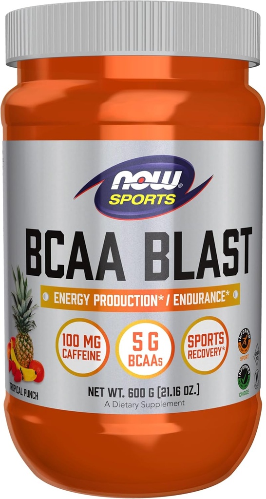 AHORA Foods Sports Nutrition, BCAA Blast Powder, 5 g BCAA, 100 mg de cafeína, Punch tropical, 600 gramos