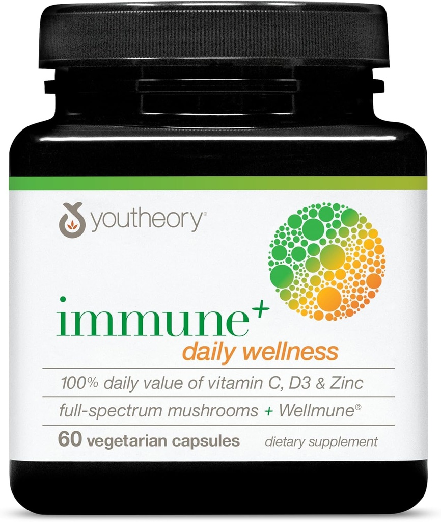 Youtheory Immune+ Daily Wellness - Vegetarian Immune Support Supplement with Vitamin C, Vitamin D3 " Zinc* - Mushroom Supplement with Turkey Tail, Cordyceps " Reishi - 60 Vegetarian Caps