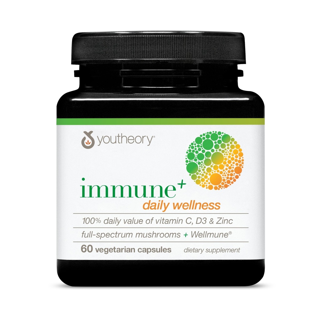 Youtheory Immune+ Daily Wellness - Vegetarian Immune Support Supplement with Vitamin C, Vitamin D3 " Zinc* - Mushroom Supplement with Turkey Tail, Cordyceps " Reishi - 60 Vegetarian Caps