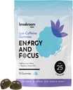 Laboratorios de Breakroom Energía y Focus Gummies – Bajo Caffeine 25mg w/L-Theanine, Lions Mane, Vitamina B12 – Suplemento Nootrópico de Cerebro para Adultos, Niños - Vegan, Bajo Azúcar, Blue Raspberry Flavor, 15 Servimientos