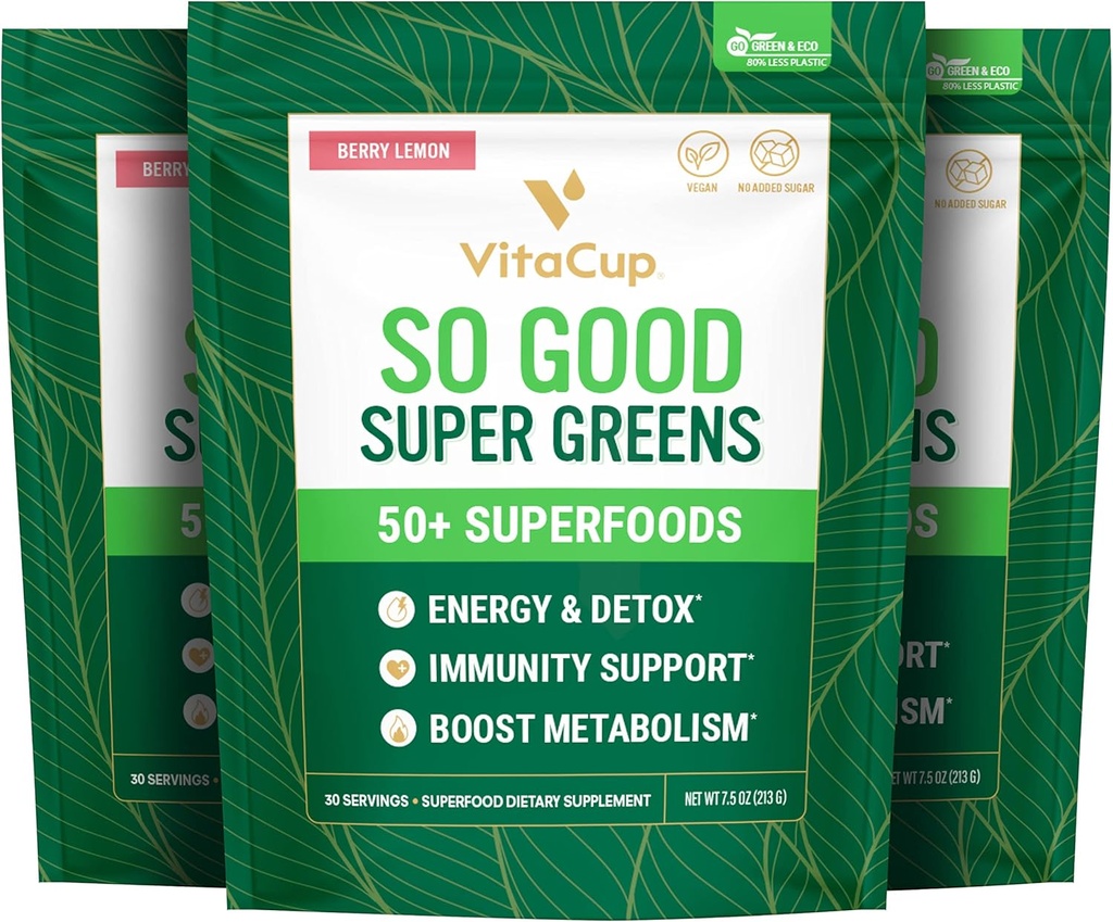 VitaCup Super Greens Powder Smoothie & Juice Mix w/ 50+ Premium Superfoods, Digestive Health, Bloating Relief, Detox, Gut Health w/Probióticos, Antioxidantes, Berry Lemon, 30 Serviciones Cada, 3 Bolsas