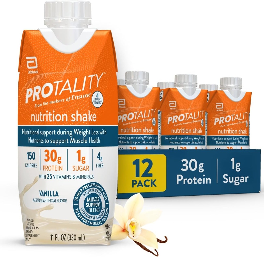 Vanilla Nutrition Shake | 30g Protein, 1g Sugar | Nutrition Support for Muscle Health During Weight Loss | 12 Pack