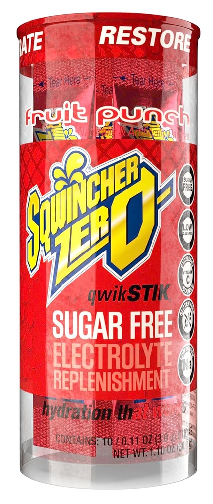 Sqwincher Zero Qwik Stik, Fruit Punch, Sugar Free, Calorie baja, Reemplazo de electrolito bajo de sodio mezcla de bebidas de hidratación, .11 oz Packet (Pack of 200)