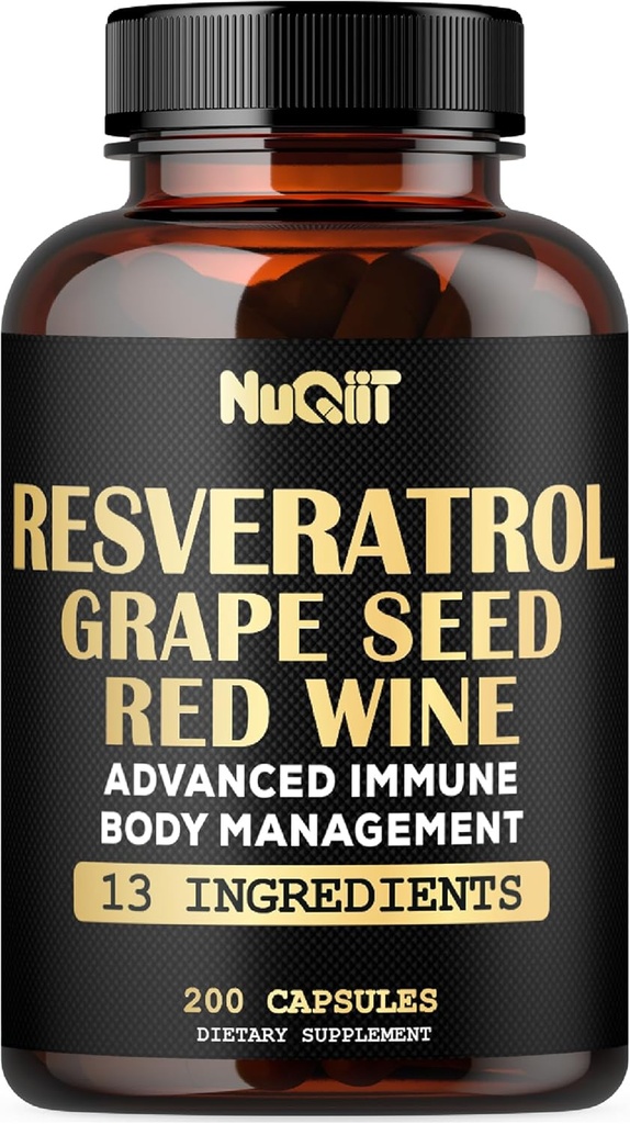 Suplemento Trans Resveratrol con extracto de vino tinto, Complejo de Gestión Corporal Immune - Echinacea, Bulbo de ajo, Berberina HCI, Cardo de leche &amp; Más - 200 cápsulas para 100 piezas