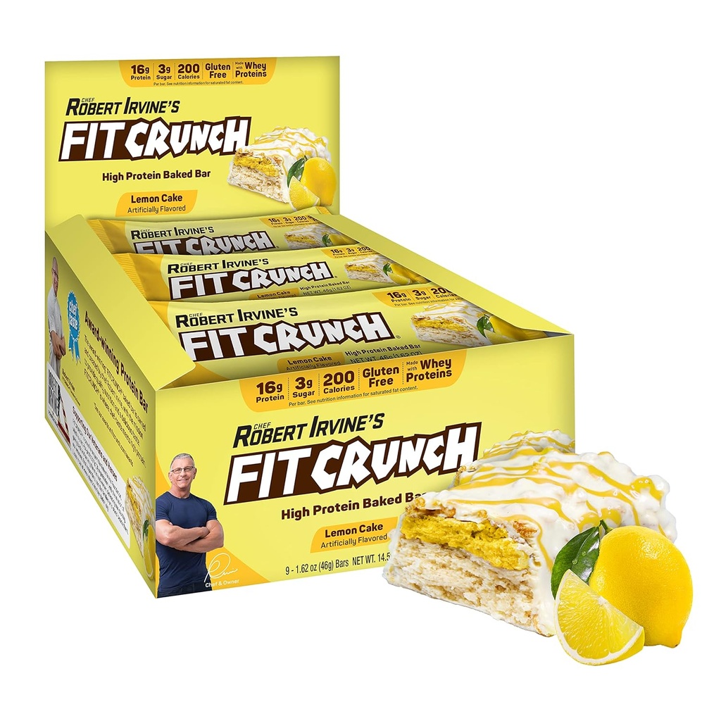 FITCRUNCH Snack Size Protein Bar, 6-Layer Baked Bar, 3g de Sugar &amp; Soft Cake Core (9 Bares, Lemon Cake)
