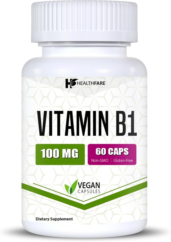 Healthfare Vitamina B1 100mg tención 60 Capsules ← Suplemento Thiamine tención Apoyos generales Salud Silencio No-GMO Silencio Gluten Gratis (60 cápsulas)